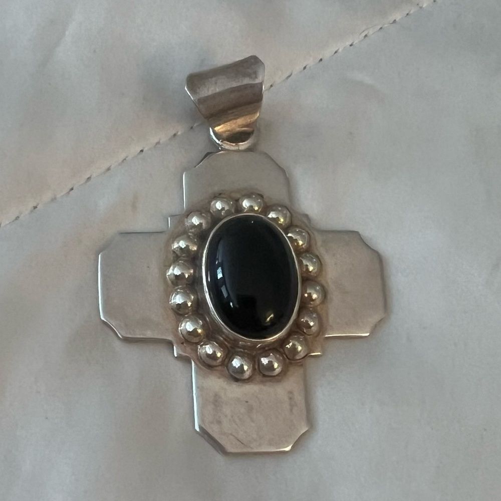 Silver Cross Pendant with Black Stone